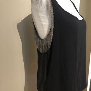 Topshop Black Tank Top with Silver Fringe Size M